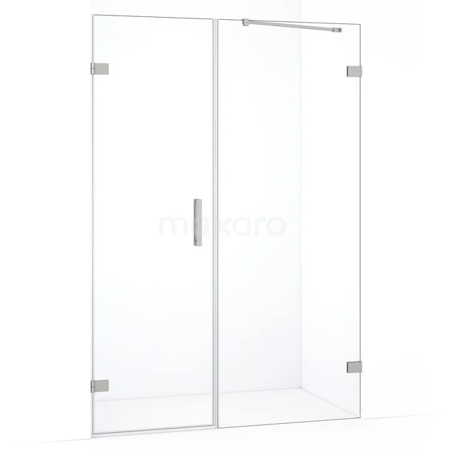Glazen douchedeur met helder gehard glas, chromen scharnieren en handgreep, ideaal voor een moderne badkamerstijl.
