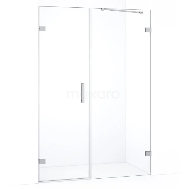 Glazen douchewand met scharnierdeur, helder glas en RVS accenten; stijlvolle toevoeging voor elke moderne badkamer.