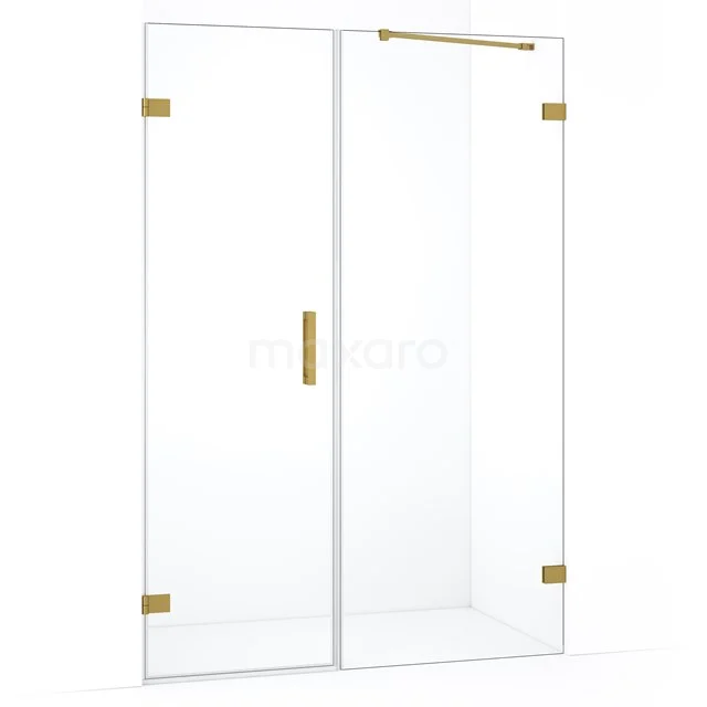 Glazen douchewand met goudkleurige scharnieren en handgreep, strak design, perfect als luxe toevoeging aan de badkamer.