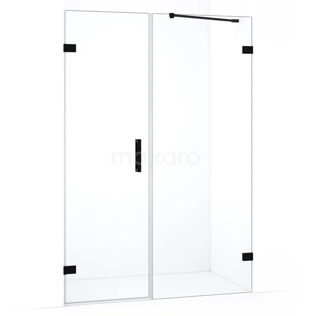Glazen douchewand met zwarte accenten, draaideur en modern design; ideaal voor een stijlvolle badkamerinrichting.