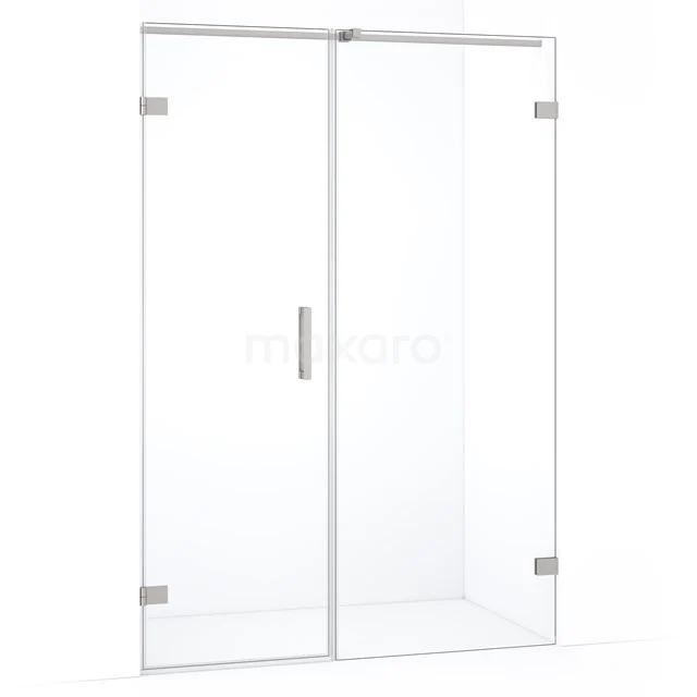 Glazen douchewand met scharnierdeur, helder glas, aluminium profielen, ideaal voor een moderne badkamerinrichting.