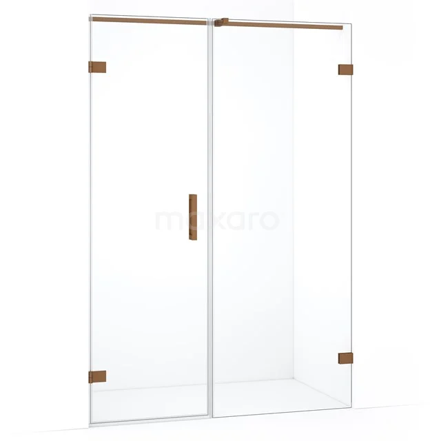 Glazen douchedeur met koperkleurige scharnieren en handgreep, stijlvol en modern design voor een luxe badkamerinterieur.