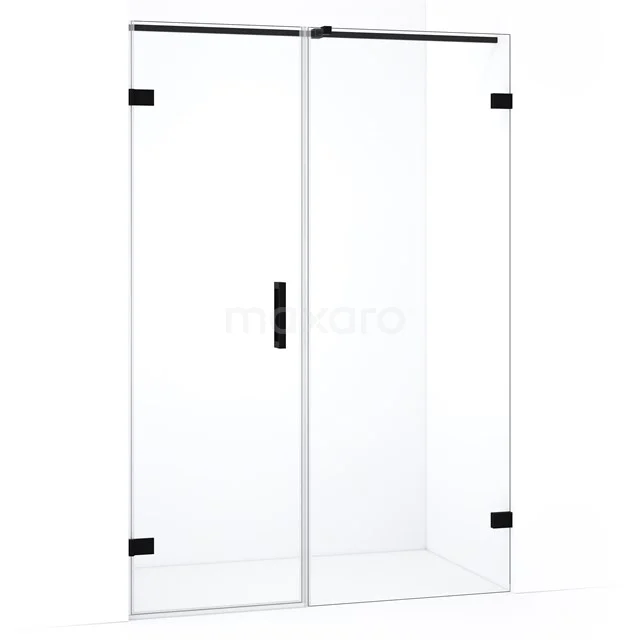 Douchedeur met zwart frame, helder glas en scharnieren, modern design voor stijlvolle badkamerinrichting.
