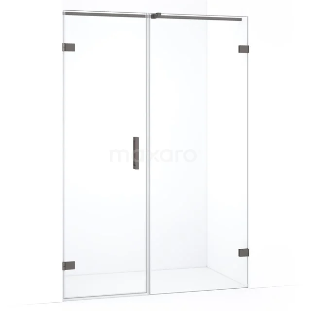 Douchewand met scharnierdeur, transparant glas, rechthoekig design, aluminium profielen, ideaal voor moderne badkamers.