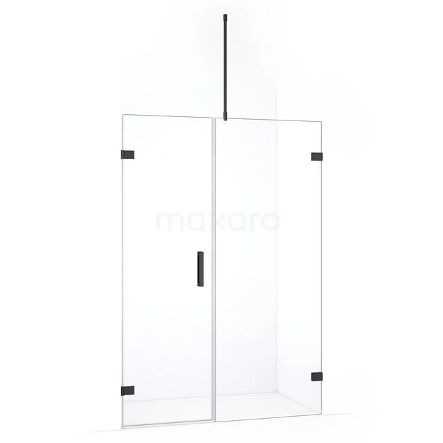 Heldere glazen douchewand met zwarte scharnieren en deur, perfect voor een moderne badkamerindeling.