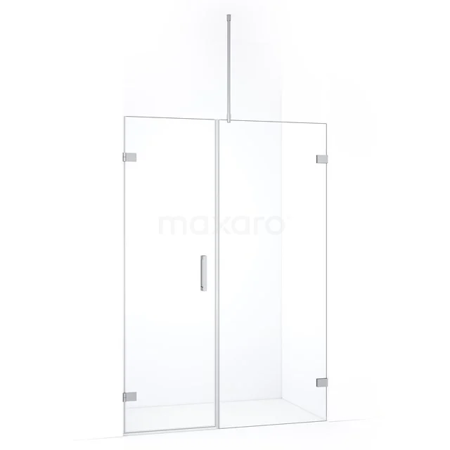 Glazen douchewand met deur, transparant design, scharnieren en handgreep in chroom, perfect voor moderne badkamers.