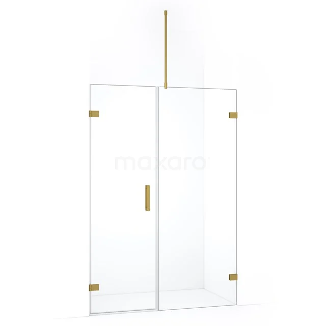Inloopdouche met gouden details, helderglas en mat messing afwerking, stijlvol en functioneel voor een moderne badkamer.
