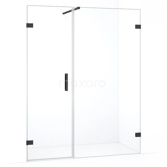 Moderne glazen douchewand met zwarte accenten, frameloos design; ideaal voor een stijlvolle badkamer inrichting.