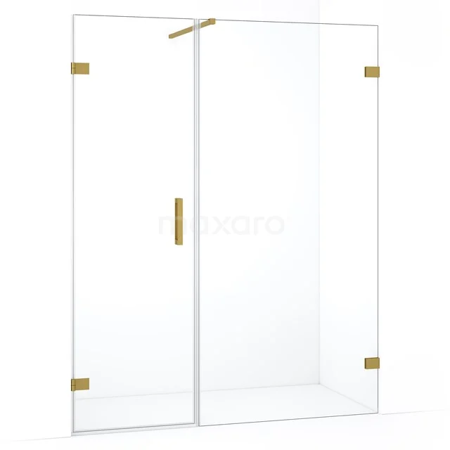 Glazen douchedeur met gouden scharnieren en handgreep, modern design, ideaal voor een luxe badkamerstijl.