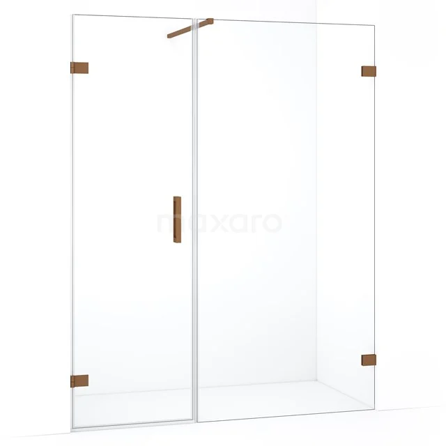 Glazen douchewand met deur, hoekig design, helder glas en koperkleurige accenten, ideale scheidingswand voor de badkamer.