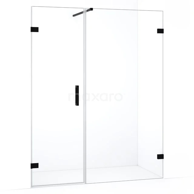 Glazen douchewand met zwarte scharnieren, minimaal design, perfect voor een moderne badkamer.