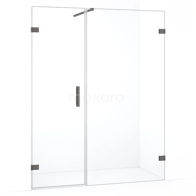 Glazen douchecabine met matzwarte scharnieren en handgreep, rechthoekig design, perfect voor een moderne badkamer.
