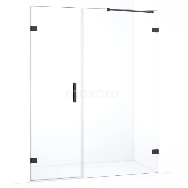 Douchewand met schuifdeur, helder glas, zwarte details, modern design; perfecte scheidingsoplossing voor elke badkamer.