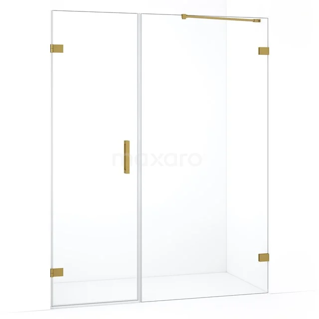 Glazen douchewand met gouden accenten, schuifdeur en strak design, ideaal als stijlvolle toevoeging aan moderne badkamers.