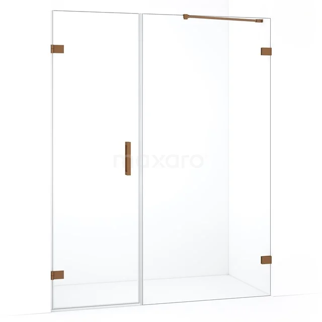 Glazen douchewand met schuifdeur, helder glas en koperkleurige details, ideaal voor een stijlvolle en moderne badkamer.