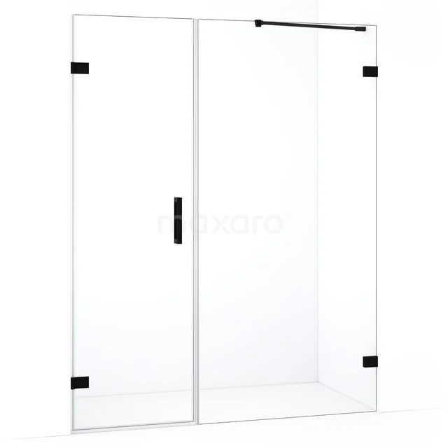 Douchewand met schuifdeur, helder glas, zwart mat beslag, modern design, perfect voor een stijlvolle badkamer.
