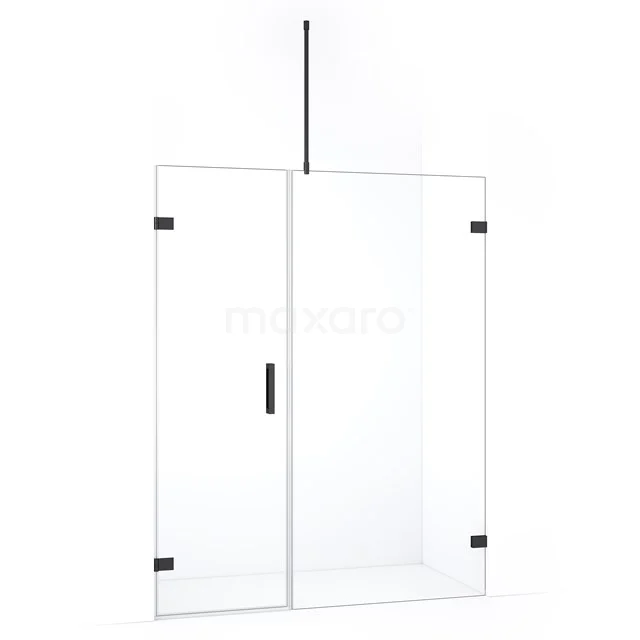 Douchewand van helder glas met zwart beslag, inclusief draaideur en stabilisatiestang, modern design voor de badkamer.