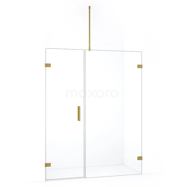 Glas Duschwand mit goldenen Akzenten, minimalistisches Design, perfekt für einen modernen Badezimmerstil.
