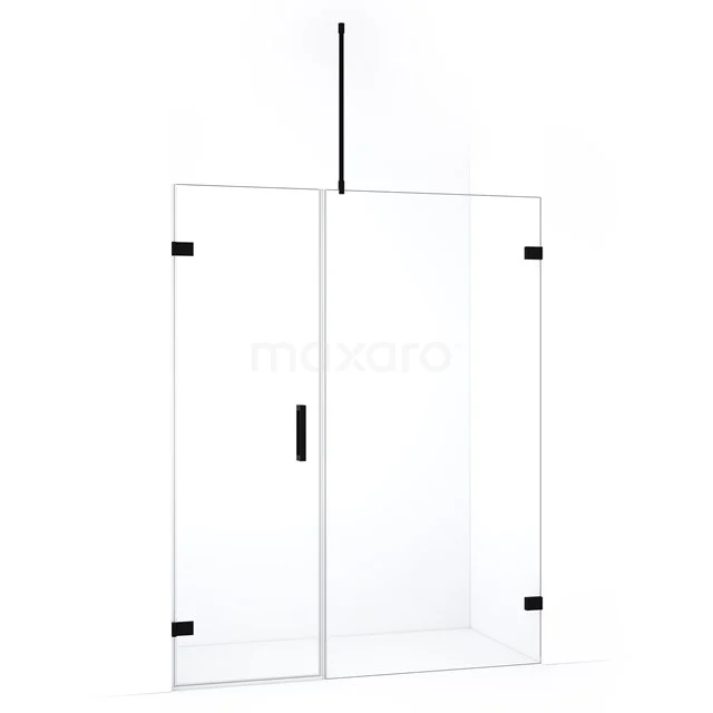 Strakke glazen douchewand met zwart aluminium frame, minimalistisch design, perfect voor een moderne badkamer.