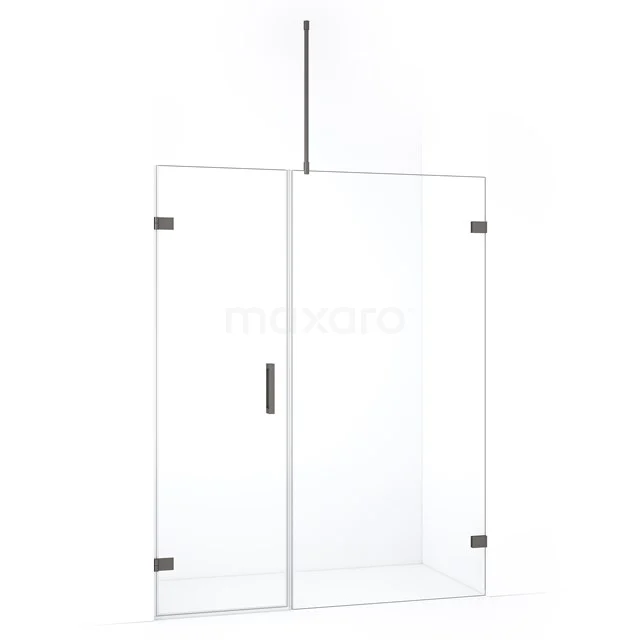 Glazen douchewand met zwarte scharnieren, frameloos design, ideaal voor een moderne badkamer.