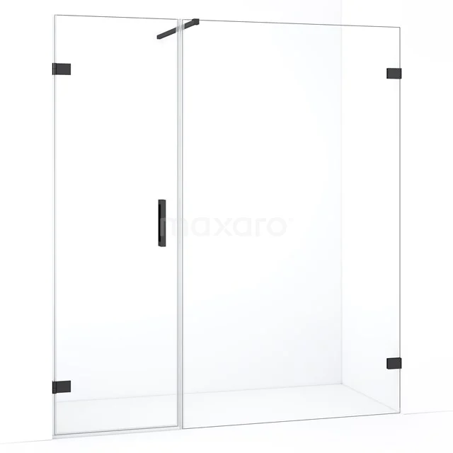 Glazen douchewand met zwart metalen accenten, strak design en draaideur, ideaal voor een moderne badkamerstijl.