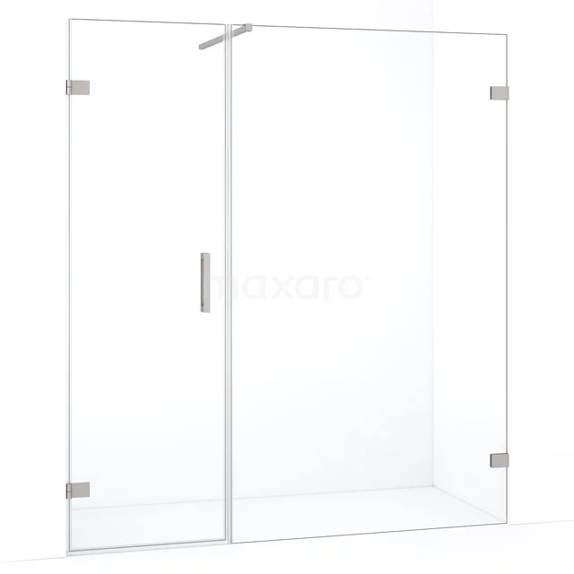 Glazen douchewand met transparant design en roestvrijstalen handgreep, ideaal voor moderne badkamerinterieurs.