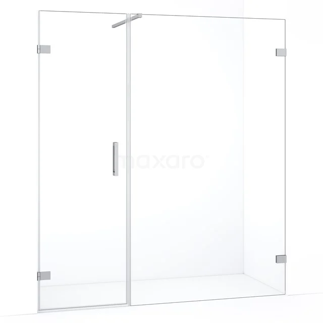 Inloopdouche met helder glas, roestvrijstalen scharnieren en minimalistisch design, perfect voor een moderne badkamer.