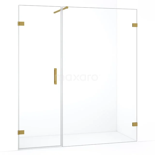 Heldere glazen douchewand met gouden accenten, strak design en minimalistische uitstraling, perfect voor stijlvolle badkamers.