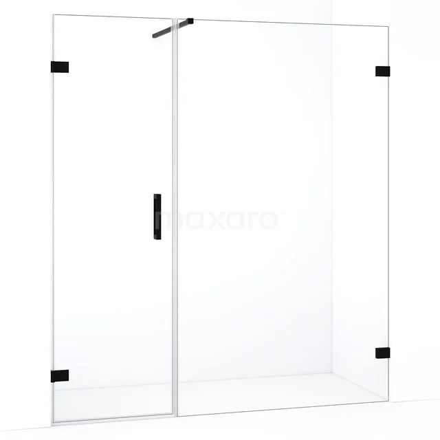 Glazen douchecabine met zwart metalen accenten, draaideur en strak design, ideaal voor een moderne badkamer.