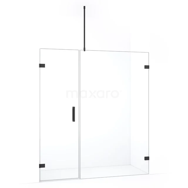 Transparante glazen douchewand met zwarte accenten, strak design ideaal voor moderne badkamers.