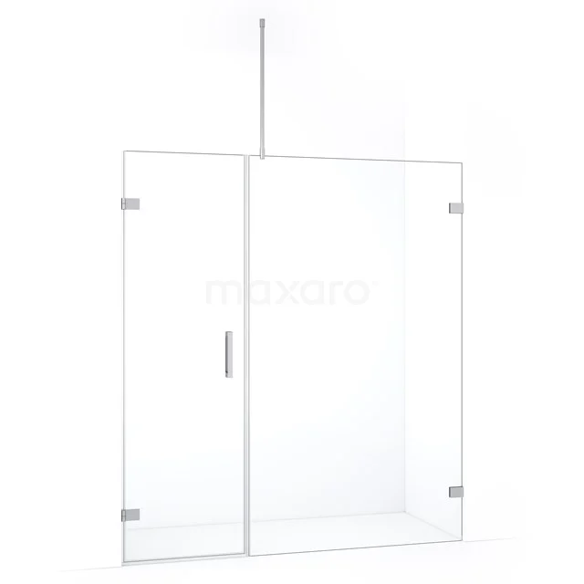 Douchewand van helder glas met scharnierdeuren en metalen handgreep, modern design, ideaal voor een stijlvolle badkamer.