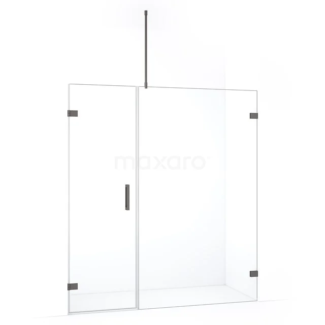 Glazen douchewand met mat zwarte scharnieren, strak design en modern profiel, ideaal voor een stijlvolle badkamerinrichting.