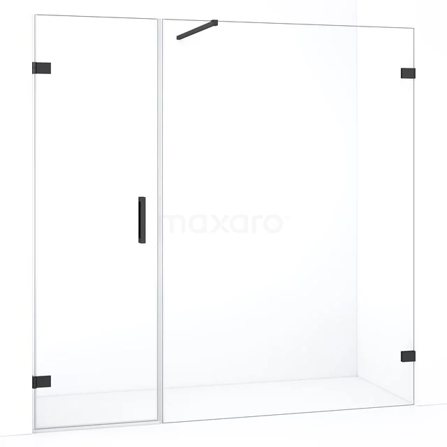 Glazen douchewand met matzwarte accenten, strak design, ideaal voor een moderne badkamer, gemaakt van veiligheidsglas.