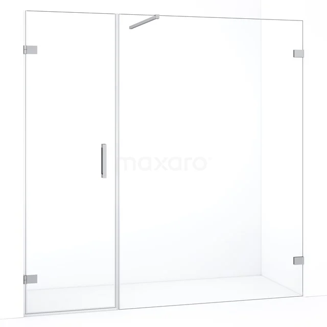 Inloopdouche glazen wand helder, met scharnierende deur, modern design en roestvrijstalen accenten voor stijlvolle badkamers.