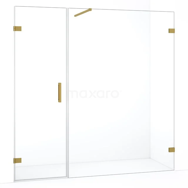 Douchewand 120x200cm met matgouden accenten, helder glas en draaideur, strak design perfect voor moderne badkamers.