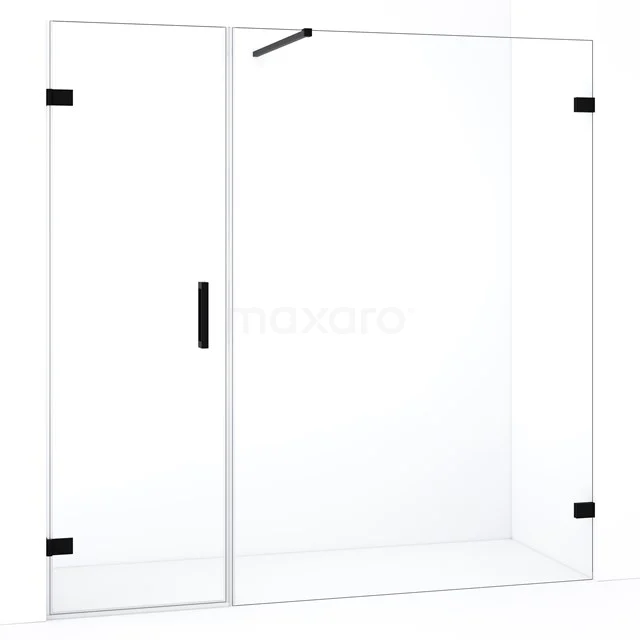 Douchewand met zwarte accenten, helder glas, modern design, ideaal voor een stijlvolle badkamerinrichting.