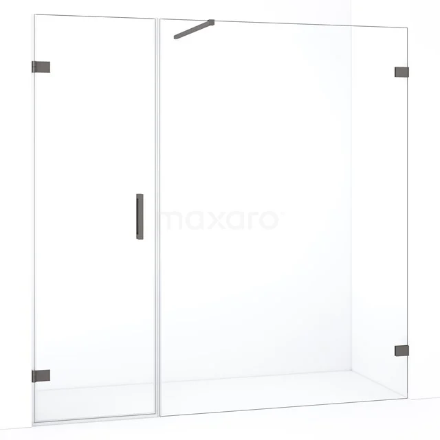 Glazen douchewand met zwarte scharnieren en handgreep, minimalistisch design. Perfect voor een moderne badkamerstijl.