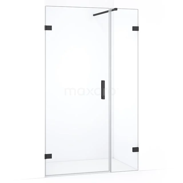 Douchewand helder glas met zwarte accenten, hoekmodel, minimalistisch design, ideaal voor moderne badkamers.