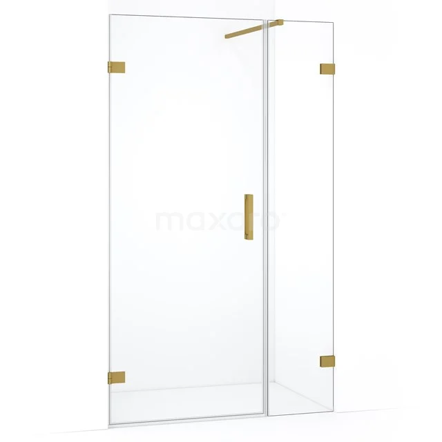 Glazen douchedeur met goudkleurige scharnieren en handgreep, modern design voor een stijlvolle badkamer.
