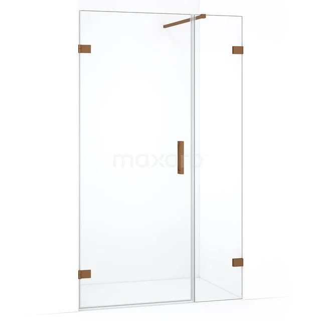 Douchedeur met helder veiligheidsglas en bronskleurige scharnieren, modern ontwerp voor luxe badkamers.