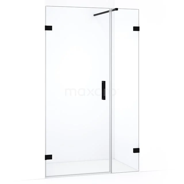 Douchewand met deur, helder glas, zwart beslag, modern design, ideaal voor badkamerinrichting.