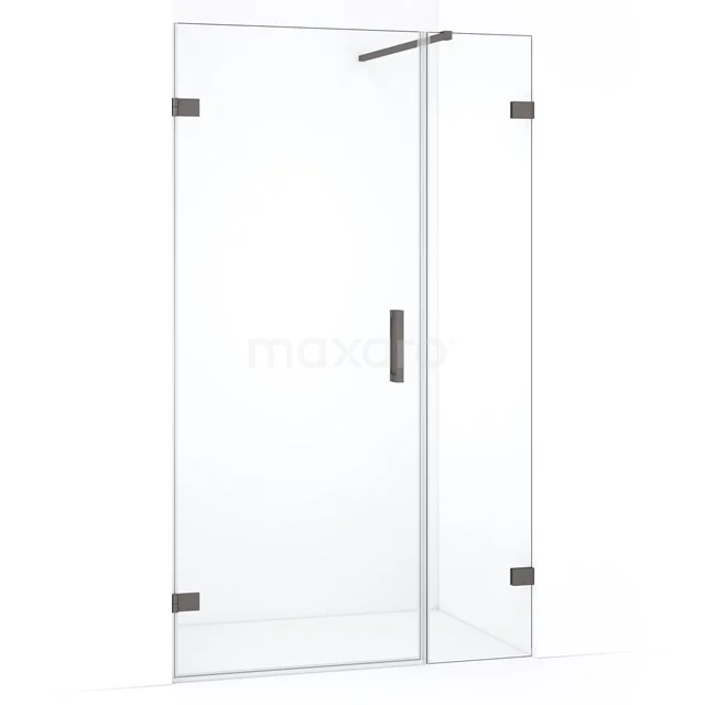 Glazen douchedeur met strak design, helder glas en metalen handgreep; ideaal voor een moderne badkamer.