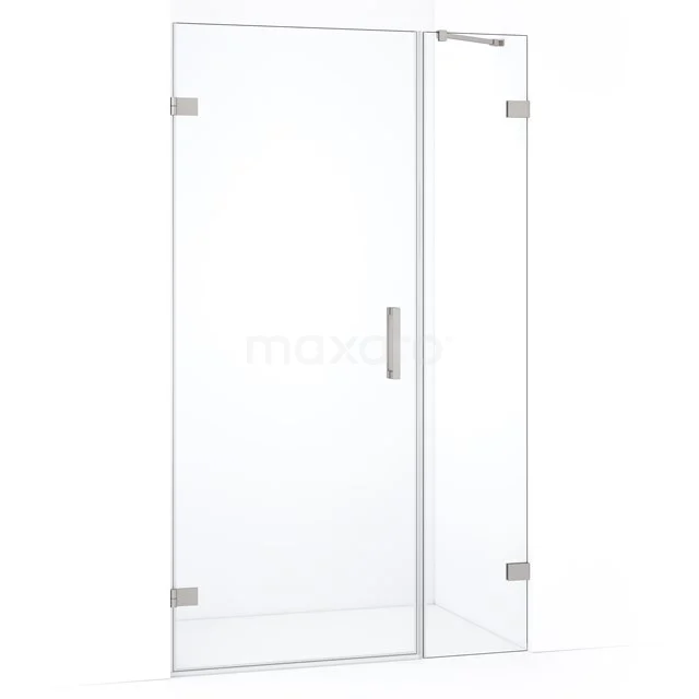 Glazen douchedeur met helder transparant glas, metalen scharnieren en handgreep; modern ontwerp voor stijlvolle badkamer.
