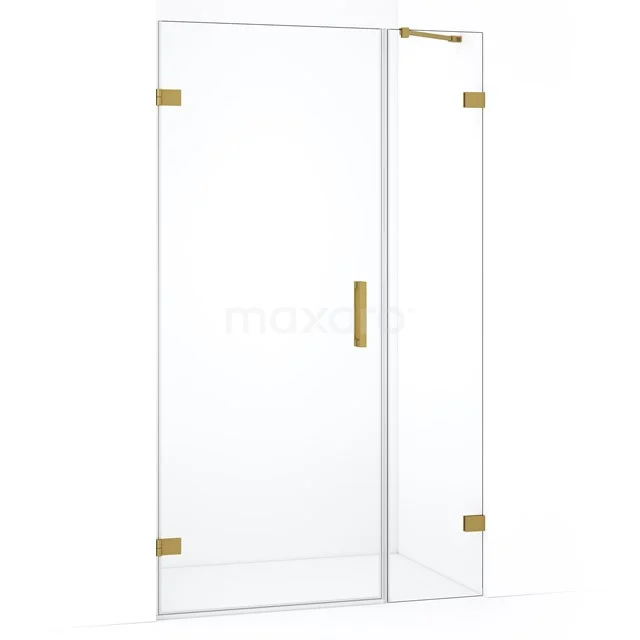 Glazen douchedeur met gouden scharnieren en handgreep, moderne stijl, ideaal voor een luxe badkamer.