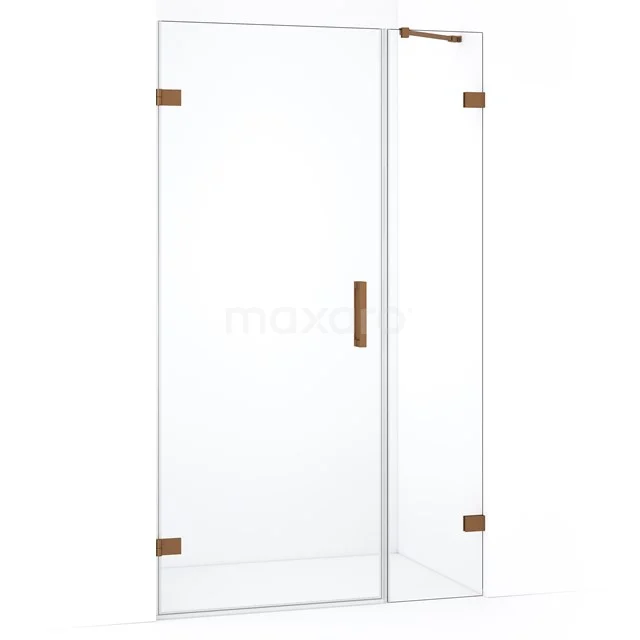 Douchedeur van helder glas met gouden scharnieren en handgreep, modern design voor een stijlvolle badkamer.