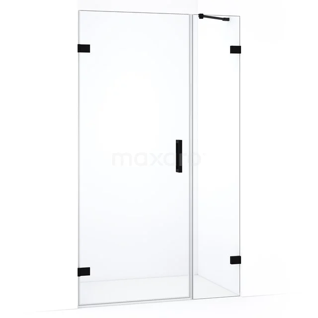 Transparante glazen douchedeur met zwart metalen scharnieren en handgreep, modern design, perfect voor elke badkamerstijl.