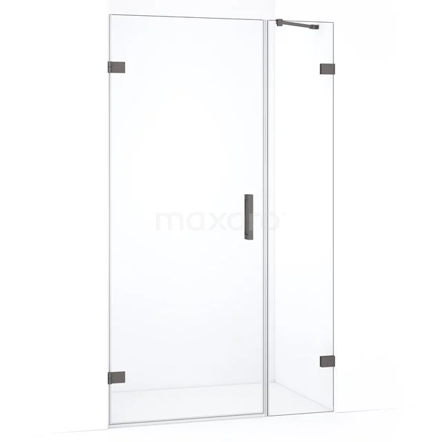 Glazen douchedeur met scharnieren, transparant veiligheidsglas, mat zwarte accenten, ideaal voor een moderne badkamer.