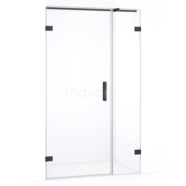 Glazen douchedeur met zwart frame, helder gehard glas, minimalistisch design, perfect voor een moderne badkamer.