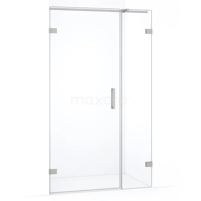 Glazen douchedeur met chromen scharnieren, heldere afwerking en strak design, perfect voor moderne badkamers.