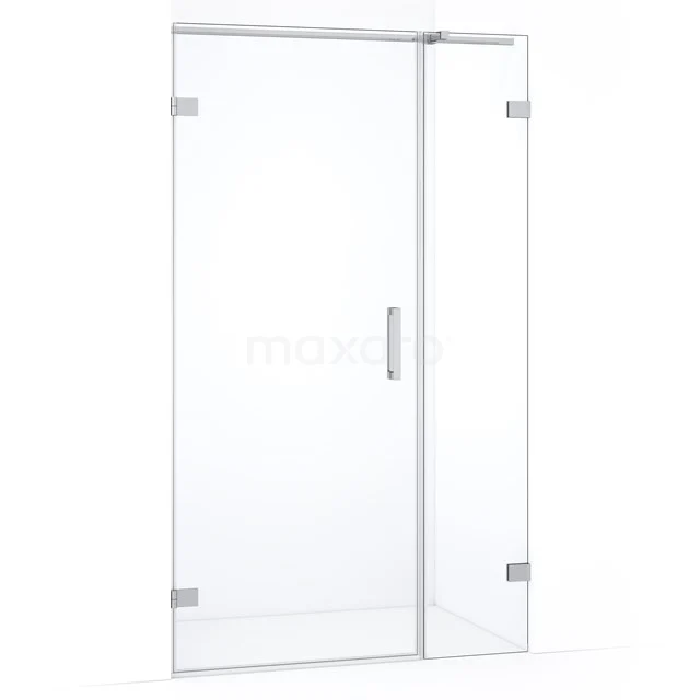 Glazen douchedeur met scharnieren, helder glas, minimalistisch design, perfect voor een moderne badkamer.